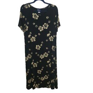 Royal Creations Vintage Made In Hawaii Black Hibiscus Slinky Midi Dress Size XL